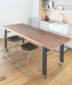 Table On Wheels, Cabin Loft, Three Season Room, Wood And Steel, Teak Oil, Counter Table, Steel Table, Salvaged Wood, Dining Kitchen