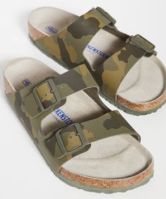 BIRKENSTOCK, 'Arizona BS Soft Footbed in Desert Soil Camo Green' Authentic Men's Designer Slip-On Pool Slide / Sandal A classic pair of Birkenstock Arizona sandals, featuring the brand's legendarily comfortable footbed and distinct two-strap design. Made in Germany. Size: 9 (Men's  Regular Fit/ Adult US; EUR 42; UK 8; MM 270). Color: Desert Soil Camo Green. Style #1019597. BRAND NEW in original box. DETAILS: Leather: Cowhide Molded cork footbed with suede lining Adjustable buckle straps Regular Casual Outdoor Footbed Sandals With Textured Footbed, Green Casual Footbed Sandals With Cork-bed Midsoles, Casual Green Footbed Sandals With Cork-bed Midsoles, Casual Green Footbed Sandals With Textured Footbed, Pool Slide, Birkenstock Sandals Arizona, Footbed Sandals, Green Style, Birkenstock Arizona