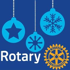 rotary christmas ornaments hanging from strings with the rotary international logo in blue and yellow above them