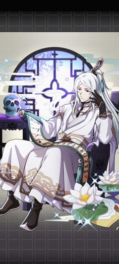 an anime character sitting in a chair with a skull on the table next to her