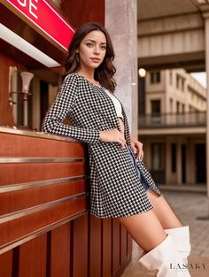 Lasaky - Classic Womens Houndstooth Button Front Blazer Jacket: Stylish, Long Sleeve Outerwear for the Modern Professional Woman Stylish Black Women, Houndstooth Fabric, Longline Jacket, Longline Coat, Houndstooth Jacket, Open Front Jacket, White Houndstooth, Houndstooth Pattern, Style Chic