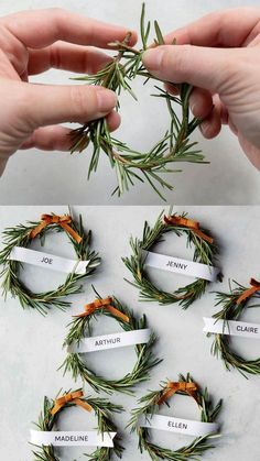 someone is making a wreath out of rosemary and labeled with name tags for their names