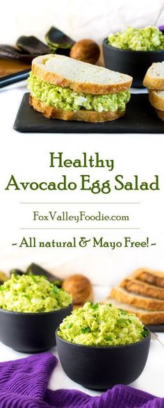 healthy avocado egg salad with toasted bread in black bowls on a white table