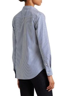 Treated with a no-iron finish, this striped shirt adorned with LRL embroidery is a timeless wardrobe essential. Relaxed fit Intended to hit at the hip Size medium has a 27.5 in body length and a 32.5 in sleeve length Sleeve length is taken from the center back of the neck and changes 0.75 in between sizes Point collar Buttoned placket with signature "Lauren Ralph Lauren"-engraved buttons Long sleeves with buttoned barrel cuffs Signature "LRL" embroidery at the left chest Back yoke Shirttail hem Ralph Lauren Womens, Striped Shirt, Lauren Ralph Lauren, Shirt Online, Wardrobe Essentials, Cotton Shirt, Button Downs, Barrel, Length Sleeve