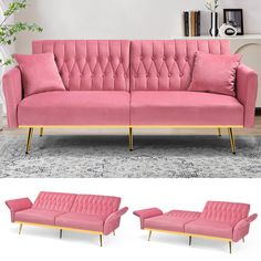 two pink couches with gold legs and one in the middle, both have pillows on them