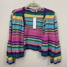 Soft Surroundings Cropped Cardigan Womens Sweater Size L Striped Pointelle Trendy Colorful Spring Cardigan, Trendy Colorful Cardigan, Multicolor Spring Sweater For Day Out, Multicolor Summer Sweater For Layering, Multicolor Layering Sweater For Summer, Bohemian Pink Cardigan For Layering, Pink Bohemian Cardigan For Layering, Long Open Cardigan, Leopard Cardigan