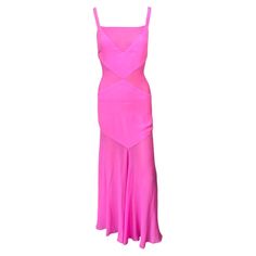 Gianni Versace S/S 1995 Vintage Sheer Panels Silk Pink Evening Dress Gown | From a unique collection of rare vintage Evening Dresses and Gowns at https://www.1stdibs.com/fashion/clothing/evening-dresses/. Pink Bias Cut Dress For Evening, Pink Bias Cut Party Evening Dress, Pink Silk Formal Evening Dress, Formal Pink Silk Evening Dress, Pink Silk Evening Dress For Summer, Pink Silk Evening Dress, Pink Fitted Silk Evening Dress, Pink Sleeveless Silk Evening Dress, Pink Silk Floor-length Evening Dress