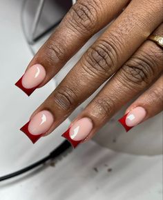 Short Red Nails, Red French Tip, Short French Tip Nails, Long Red Nails, Hippie Nails, Red French, Glamour Nails, Girly Acrylic Nails, French Tip Acrylic Nails