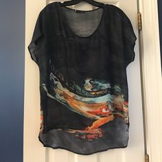 Never Worn, Size M, 100% Silk Black Tops With Abstract Print For Spring, Black Blouse With Abstract Print For Summer, Summer Black Graphic Print Blouse, Black Summer Blouse With Abstract Print, Multicolor Abstract Print V-neck Top, Top Blouse, Blouses, Womens Tops, Silk