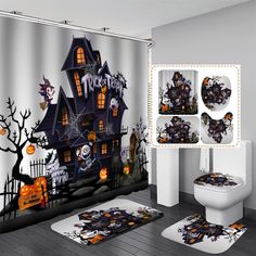 a halloween themed bathroom with pumpkins on the floor and a ghost house shower curtain