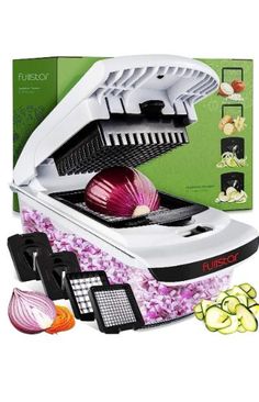 an onion slicer is shown in front of a box with onions and other vegetables