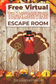 the thanksgiving escape room with a turkey wearing a hat and holding a key