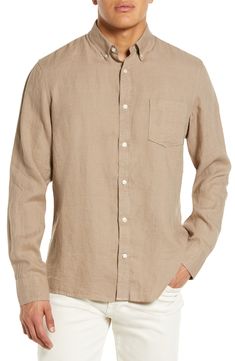 This versatile shirt cut from breathable fabric with a smart button-down collar is one you'll want in every color. 30" length; 44" chest (size Medium) Front button closure Button-down collar Long sleeves with button cuffs Chest patch pocket 100% linen Machine wash, tumble dry Imported Men's Clothing Solid Color Shirt With Button Closure And Spread Collar, Shirt With Button Closure And Spread Collar, Solid Shirt With Spread Collar And Button Closure, Casual Long Sleeve Shirt With Functional Buttons, Slim Fit Button-up Shirt With Button Closure, Solid Color Button-up Dress Shirt, Casual Long Sleeve Dress Shirt With Button Closure, Classic Button-up Shirt With Functional Buttons, Business Casual Collared Dress Shirt With Pockets