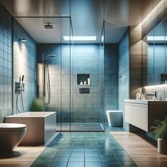 a modern bathroom with two sinks and a large shower in the center, surrounded by blue tiled walls