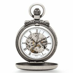 PRODUCT DESCRIPTIONThe distinctive antiqued silver finish on front and back, and the coat of arms etched design in this Charles Hubert pocket watch, will delight any man who receives it! Inside the covers, a skeleton dial reveals the watch's inner 17-jewel mechanism. The white dial has contrasting black Roman numerals and hands, and is covered with a scratch-resistant lens. This watch comes with a matching 12" chain, and is packaged in a signature Charles Hubert gift box.PRODUCT INFORMATIONAntiq Liquor Flask, Flask Set, Silver Pocket Watch, A Skeleton, Etched Designs, Pocket Watch Chain, Shield Design, Hip Flask, Pocket Watches