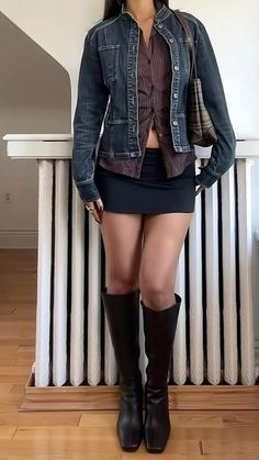 Mini Black Skirt Fall Outfit, Denim Skirt Denim Jacket Outfit, Fitted Black Skirt Outfit, Black Skirt Outfits Fall, Mini Skirt High Boots Outfit, Mini Skirt And Knee High Boots, Knee High Boots Outfit Going Out, Black Babydoll Top Outfit, Rainy Day Outfit Boots