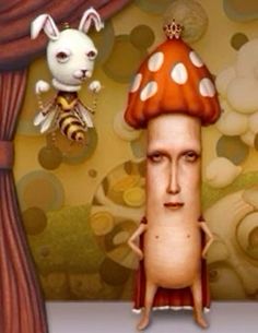 a cartoon character is standing in front of a mushroom with a bee on it's head