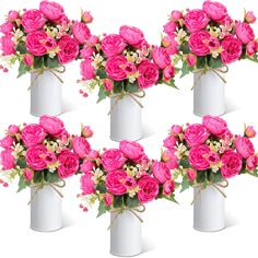 four white vases with pink flowers in them