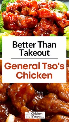 chicken wings with sauce and broccoli in the background text reads better than takeout general tso's chicken