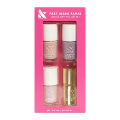 Get perfect polish manis in a flash with this set of bestselling Quick Dry Polishes and our Quick Dry Top Coat. Olive & June Quick Dry Polish dries in about one minute with full color payoff and a mirror like shine. Lasts up to 5 days. Always 15-free, cruelty-free, and vegan. Olive And June Fall Nails, Olive June Nail Polish, Olive And June Quick Dry, Olive And June Pink Sands, Olive & June Nails, Olive June, Quick Dry Nail Polish, Nail Polish Kit, Dry Nails Quick