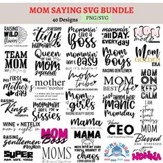 the mom saying bundle is shown in black and white, with different font styles to choose from