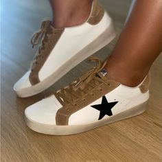 Details: Brown/Black/White Distressed Color Man Made Upper Leather Insole Low Top Star On The Sides Of Shoe Women Sneakers, Womens Shoes Sneakers, Low Top, Womens Sneakers, White And Black, Shoes Sneakers, Black White, Women Shoes, Black And White