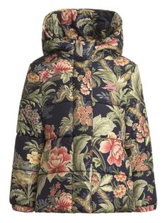 black/multicolour padded design all-over floral print classic hood concealed front fastening long sleeves straight hem Winter Hooded Floral Print Outerwear, Hooded Winter Outerwear With Floral Print, Hooded Floral Print Outerwear For Fall, Fitted Winter Outerwear With Floral Print, Winter Floral Print Fitted Outerwear, Multicolor Spring Puffer Jacket, Casual Winter Outerwear With Floral Print, Casual Floral Print Winter Outerwear, Casual Winter Floral Print Outerwear