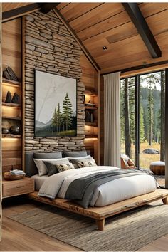 a large bed sitting in a bedroom next to a wooden wall with windows on each side