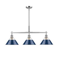 three light pendant fixture with blue shades on the bottom and two lights hanging from the ceiling