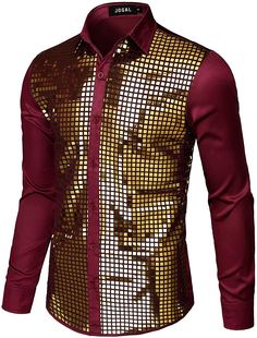 This Men's 70s Disco Wine Red Gold Sequins Long Sleeve Button Down Shirt will add the perfect glamorous touch to your wardrobe. Featuring a wine red hue with gold sequins, this shirt will draw admiring eyes and ensure you stay in the spotlight. The classic button-down design is both stylish and timeless. 100% Polyester Button closure Hand Wash Only Hand wash only/no bleach/low iron Fitted Gold Collared Top, Fitted Long Sleeve Festive Shirt, Fitted Long Sleeve Shirt For Festive Season, Gold Fitted Disco Top, Collared Shirt For Fall Party, Fitted Gold Shirt With Button Closure, Gold Fitted Shirt For Fall, Fitted Gold Shirt For Fall, Red Party Top With Button Closure