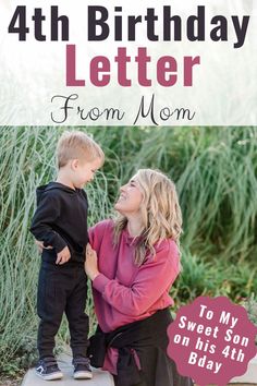 a mother and her son are smiling for the camera with text that reads, happy birthday letter from mom to my sweet son on his 44th birthday