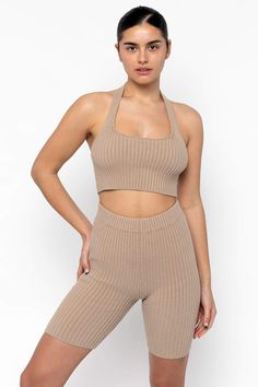 RFK51 - Ultra Heavy Knit Ribbed Halter Top – Los Angeles Apparel Ribbed High Stretch Yoga Activewear, Fitted Ribbed Halter Tank Top, Ribbed Yoga Crop Top, Full-length High Stretch Ribbed Activewear, Compressive Ribbed Yoga Tops, Ribbed Halter Top, Heavy Knit, Ribbed Crop Top, Cute Crop Tops