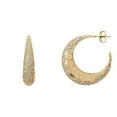 Illuminate your look with the celestial charm of our Moondust Sparkle Hoop Earrings in Gold. These stunning hoops exude luxury and sophistication. Sprinkled with a magical dusting of zircons, these earrings sparkle with an ethereal glow, reminiscent of a starry night sky. Perfect for transitioning from the grandest soirees to polished daytime looks. Embrace the magic and let the ethereal sparkle of the Moondust earrings illuminate your style, no matter the occasion. Handcrafted in 925 Sterling S Luxury Gold Sparkling Hoop Earrings, Luxury Sparkling Gold Hoop Earrings, Elegant Half Moon Gold Hoop Earrings, Elegant Gold Half Moon Hoop Earrings, Luxury Sparkling Hoop Earrings, Luxury Sparkling Round Hoop Earrings, Luxury Hoop Earrings With Sparkling Stones, Elegant Crescent Hoop Earrings With Moon Charm, Elegant Small Hoop Earrings With Moon Charm