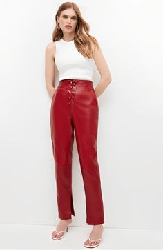 Women's Leather Pant In Red With Tie Waist Women's Leather Pants, Red Leather Pants, Leather Shorts Women, Short Leather Skirts, Leather Jumpsuit, Shearling Vest, Studded Jacket, Distressed Jacket, Leather Tie