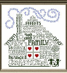 a cross stitch pattern with the words family written in different languages