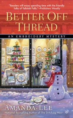 a book cover with a snowman in front of a store window and a dog looking out the window