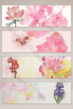 three watercolor paintings with flowers on them, one is pink and the other is purple