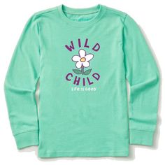 Kids Long Sleeve Wild Child Flower Tee ShirtDetails:Life is Good style# 71634 Cute Long Sleeve T-shirt For Spring, Spring Long Sleeve Graphic T-shirt, Trendy Green Floral Print Shirt, Green Floral Print Long Sleeve Shirt, Cute Long Sleeve Spring Shirt, Long Sleeve Shirt With Graphic Print For Spring, Green Long Sleeve Shirt With Graphic Print, Cute Long Sleeve Floral Print Tops, Green Long Sleeve Tops With Floral Print