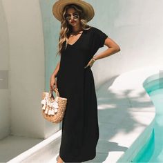 Womens Summer Dress Long Dress Casual Loose Maxi Dresses Beach Outfit 2024 Resort Hawaiian New Elegant V-neck Vacation Dresses, Casual Maxi Dress For Brunch On Vacation, Black V-neck Beach Dress For Summer, Black Maxi Beach Dress For Spring, Black Bohemian Midi Dress For Summer, Chic Short Sleeve Maxi Dress For Beach Season, Black Summer Midi Dress For Beach Season, Black Summer Beachwear Dress, Elegant Short Sleeve Beach Dress For Vacation