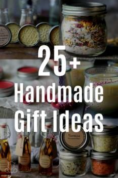 the words 25 handmade gift ideas are in front of various jars and containers filled with spices