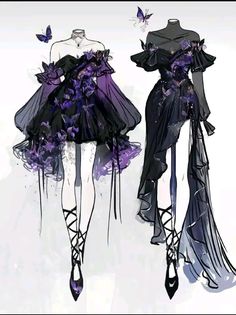 two mannequins dressed in black and purple clothing with butterflies on their backs