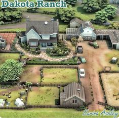 an aerial view of a ranch with lots of trees and houses in the background, along with text that reads dakota ranch