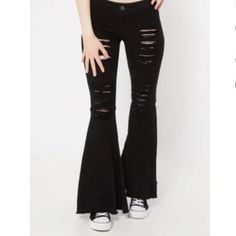 Brand New Never Worn, Size 3. 8.5" Rise 33" Inseam, 28" Leg Opening 98% Cotton, 2% Spandex Model Is Wearing Size 4 Ripped Flare Jeans, Ripped Black Jeans, Baggy Ripped Jeans, Jeans Flared, High Waisted Flare Jeans, Vintage Denim Jeans, Black Ripped Jeans, High Waisted Flares, Flare Leg Jeans