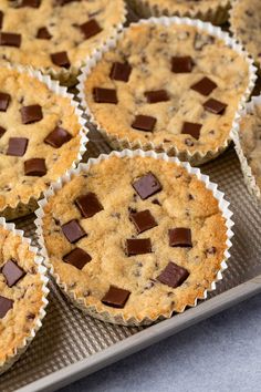 chocolate chip muffins on a baking sheet ready to be baked in the oven