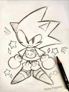 a drawing of sonic the hedgehog with stars around it and a pencil in his hand