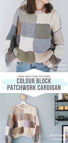 a woman wearing a knitted sweater with text overlay that reads, free knitting pattern color block patchwork cardigan