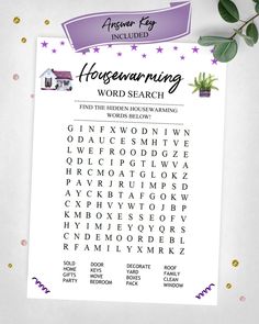 a printable word search page with the words housewarming in purple on it