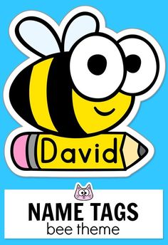 a sticker that says, name tags be the same with a cartoon bee holding a pencil