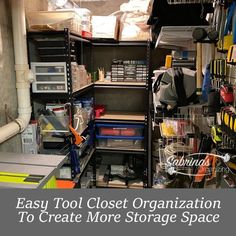 an organized closet with lots of tools and other items in the storage area that is filled with clutter