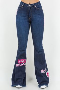 Upgrade your denim wardrobe with our Sweetheart Bell Bottom Jean in Dark Denim! These trendy jeans feature a flattering design with a front button and zipper closure, convenient front and back pockets, and adorable patch and charm accents. Made with premium fabrics in the USA, you can rely on their high-quality.DRY CLEAN ONLY. Silhouette: Bell bottom Fit: High Rise Embellishment: Patches, charms Length: Full Length Closure: button, zipper Made In: USA Fabric Contents: 98% Cotton, 2% Spandex Stre Corset Leggings, Womens Fashion Jeans, Elegant Moments, Trendy Jeans, Stylish Jeans, Bottom Jeans, Jumpsuit Jacket, Air Max Women